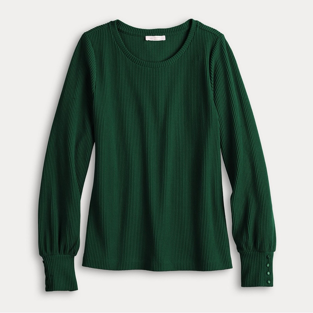 LC Lauren Conrad Knit Top Green Long Sleeve Pullover Button Cuff Crewneck, XL